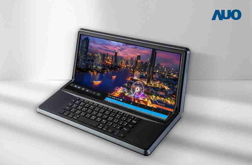 欧陆注册14.6吋Micro LED折迭显示屏幕，，，，搭配半径4mm的弯折绞炼，，，以及高画素、、、、高亮度、、高对比度的显示技术特点，，，即便在大视角下仍保有绝佳色相与亮度