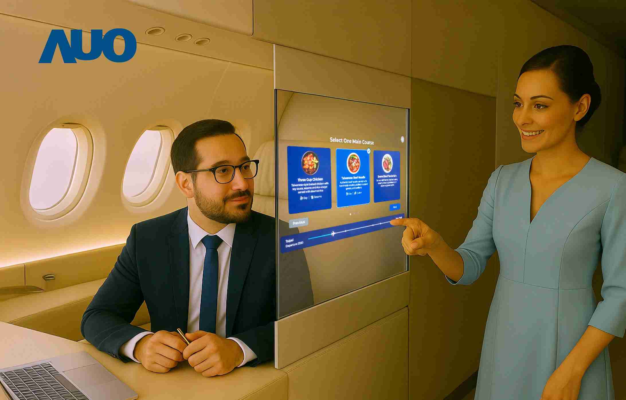 欧陆注册研发全球最薄17.3 吋双面透明 Micro LED 显示器，，，可在同一屏幕之双边投射不同信息，，，，创造独特的”透明化”互动；图为实时翻译交流应用情境